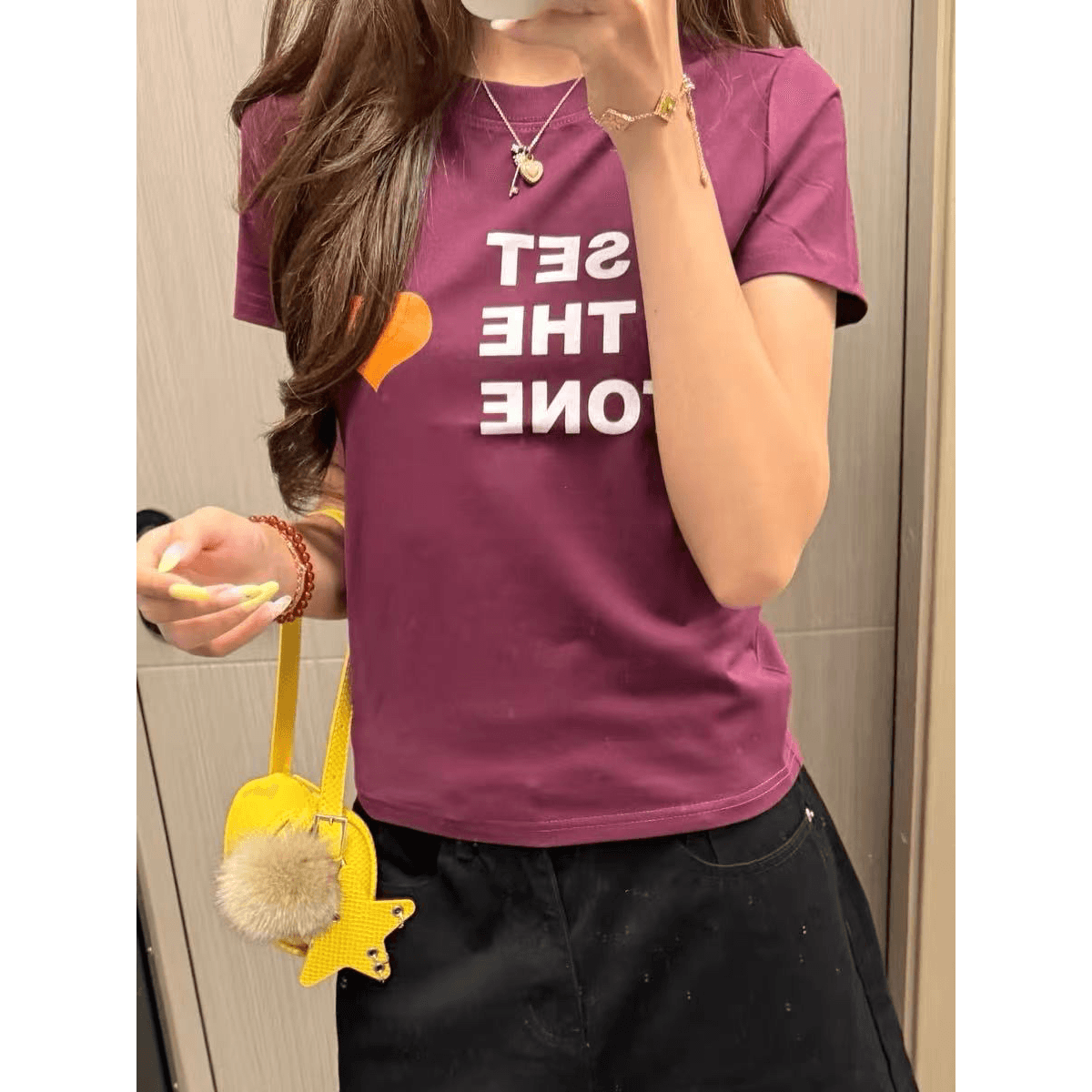 아메리칸 레트로 순면 긍정적 인 어깨 반팔 티셔츠 여성 여름 작은 대중 디자인 센스 슬림해 보이는 핫걸 쇼트 스타일 맨위 이미지 5