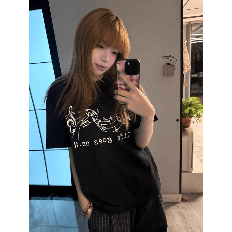 230 크 순면 빗질하다 닫기 여름 새로운 프린트 루즈핏 반팔 티셔츠 이미지 5