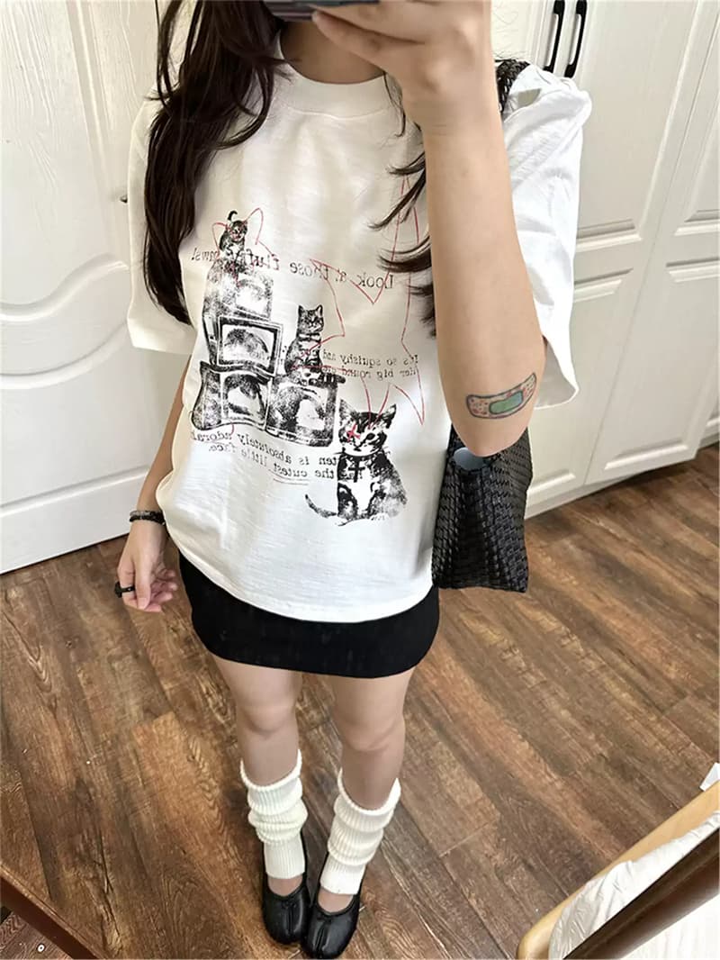 여름 새로운 아메리칸 루즈핏 다용도 프린트 반팔 티셔츠 여성 이미지 4