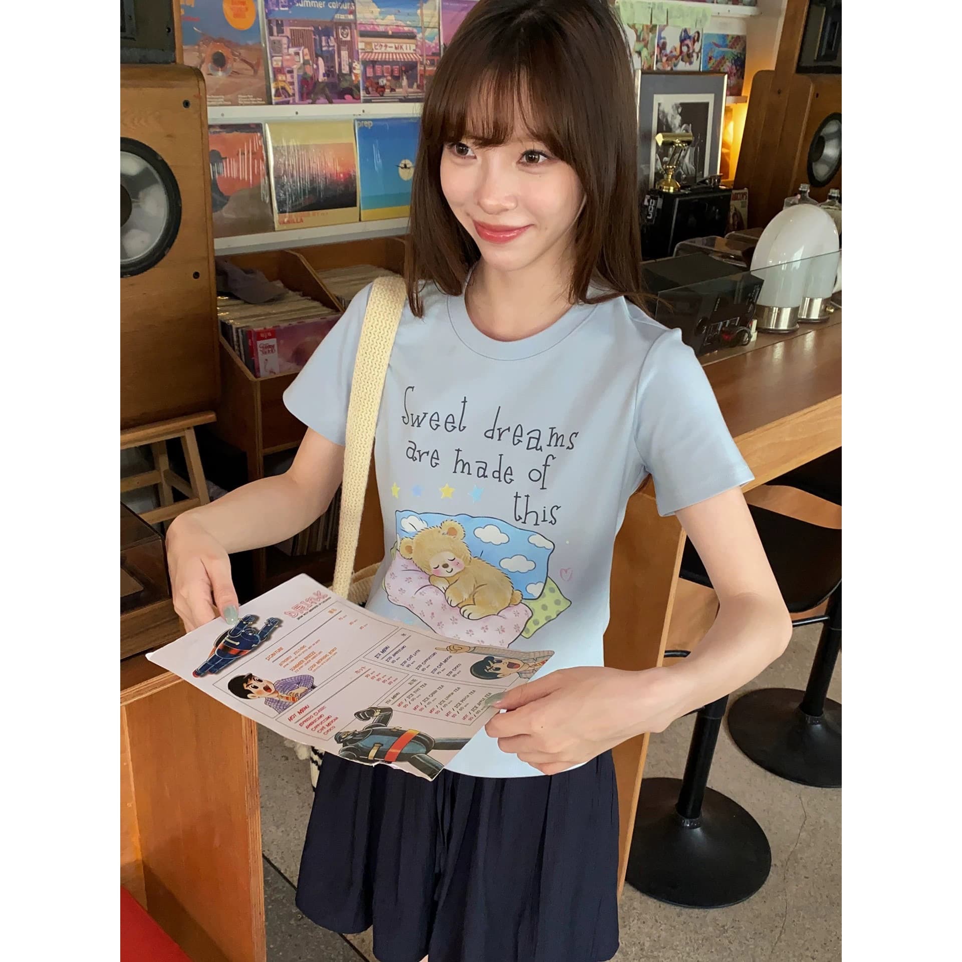 한 부서 순면 긍정적 인 어깨 베개 작은 곰 프린트 반팔 티셔츠 이미지 5