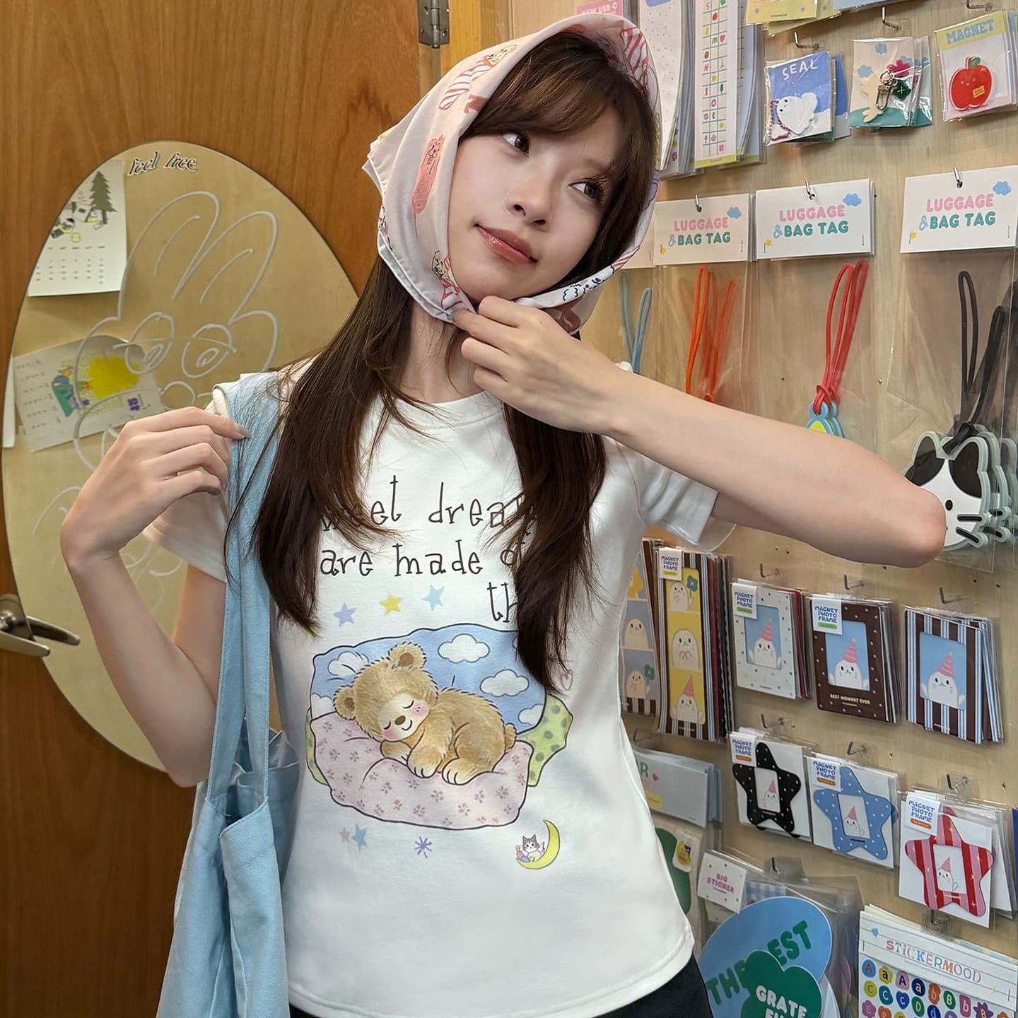 한 부서 순면 긍정적 인 어깨 베개 작은 곰 프린트 반팔 티셔츠 상세 이미지 1
