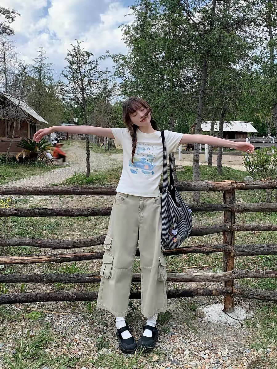 한 부서 순면 긍정적 인 어깨 만화 프린트 반팔 티셔츠 상세 이미지 2