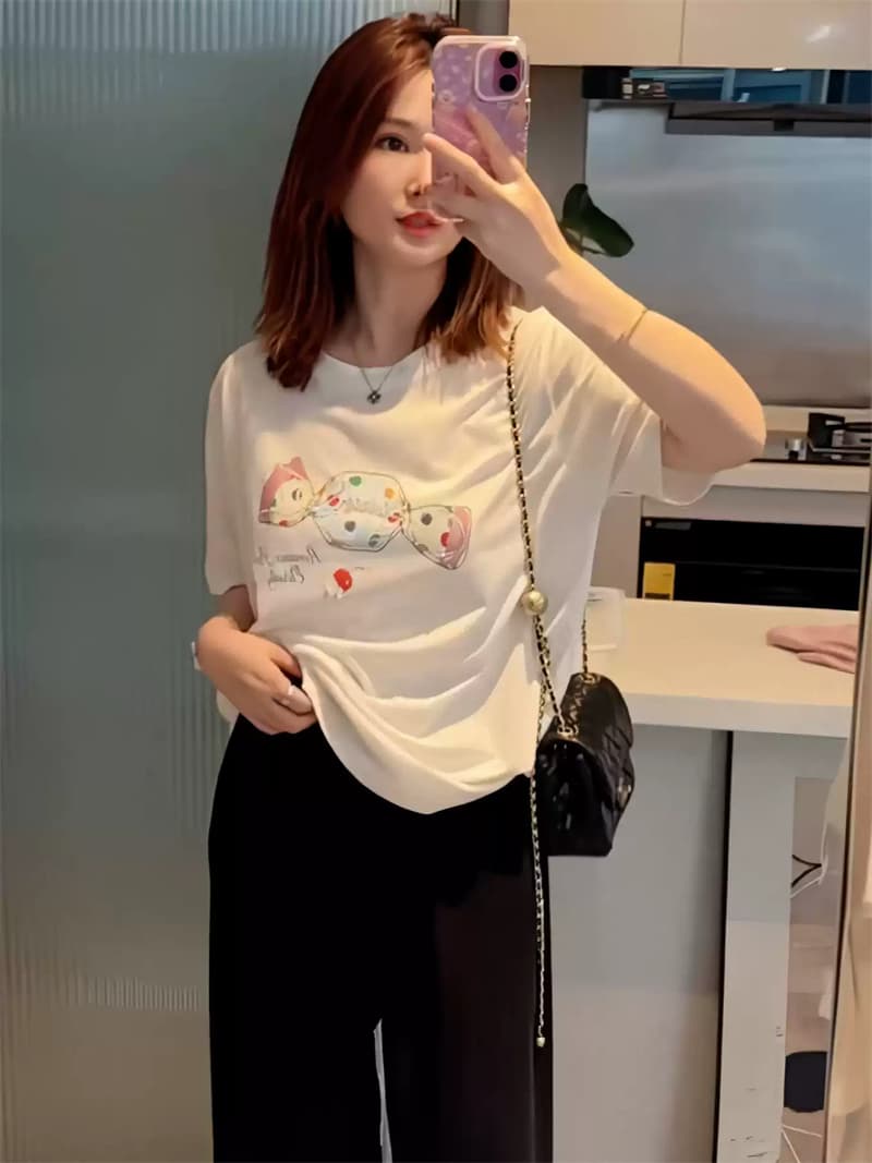 여름 새로운 아메리칸 루즈핏 다용도 프린트 반팔 티셔츠 여성 이미지 2