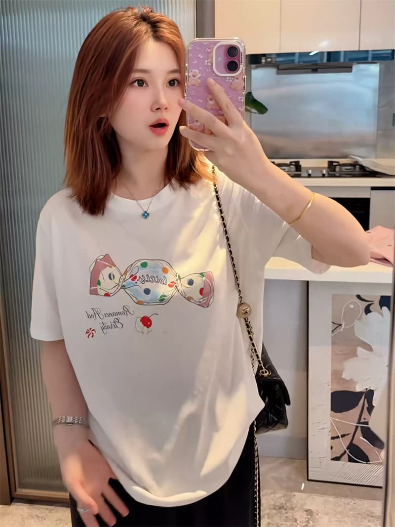 여름 새로운 아메리칸 루즈핏 다용도 프린트 반팔 티셔츠 여성 이미지 3