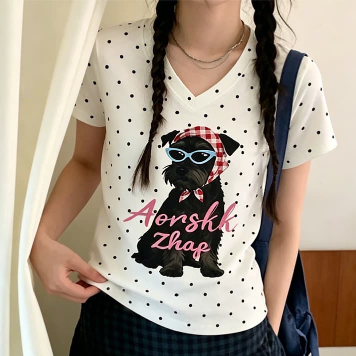 220 그램 40 1 1 순면 여름 새로운 한 부서 V넥 도트 무늬 패션 긍정적 인 어깨 프린트 섹션 반팔 티셔츠 이미지 4