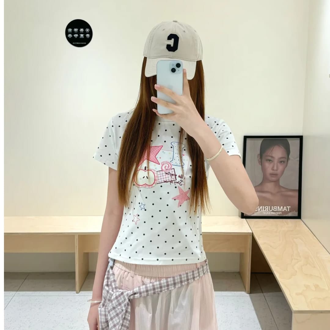 220 그램 40 1 1 순면 한 부서 새로운 패션 디자인 센스 라운드 넥 도트 무늬 프린트 반팔 티셔츠