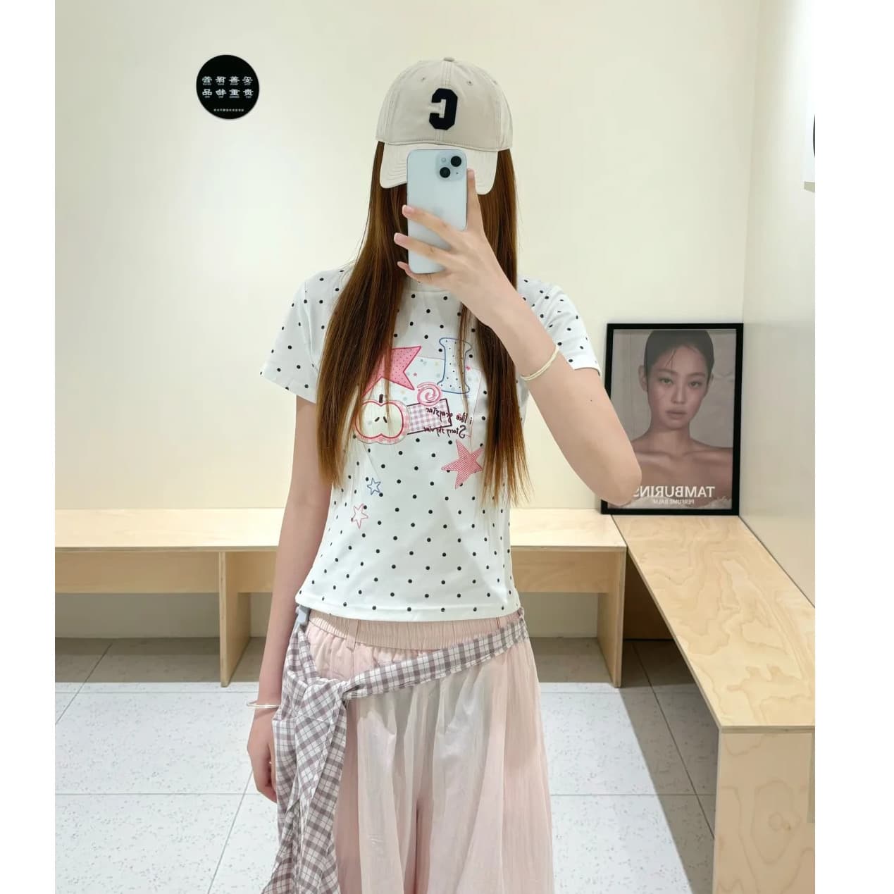 220 그램 40 1 1 순면 한 부서 새로운 패션 디자인 센스 라운드 넥 도트 무늬 프린트 반팔 티셔츠 상세 이미지 3