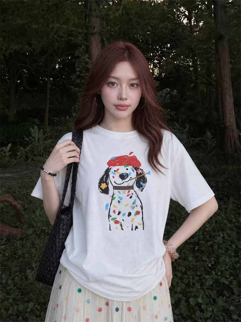 순면 여름 드레스 루즈핏 프린트 반팔 티셔츠 여성 한 상세 이미지 3
