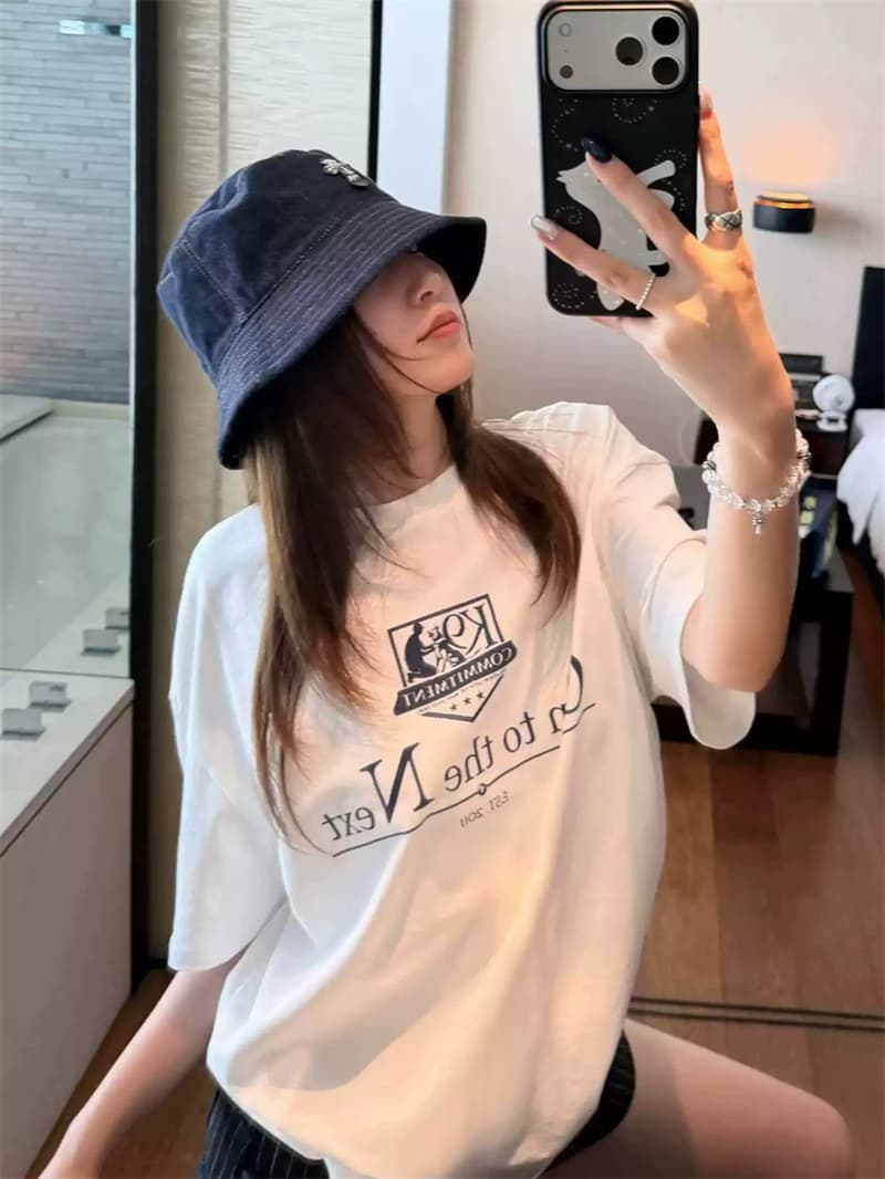 순면 여름 드레스 루즈핏 프린트 반팔 티셔츠 여성 한 이미지 4