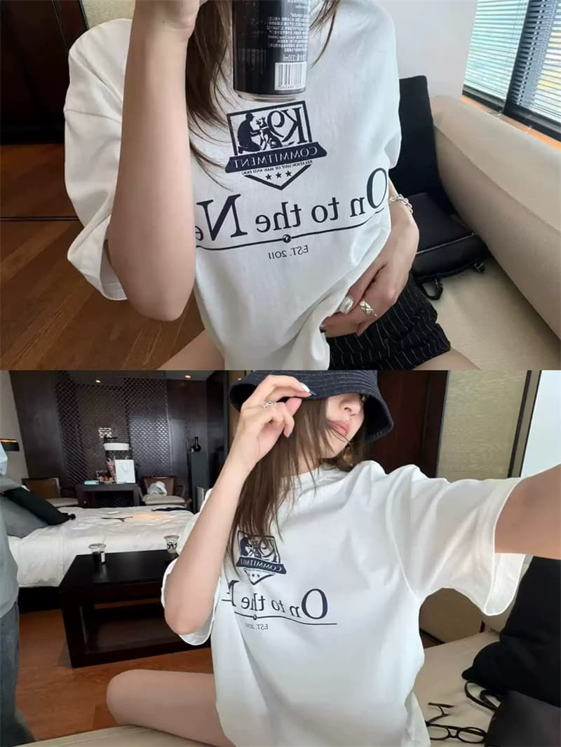 순면 여름 드레스 루즈핏 프린트 반팔 티셔츠 여성 한 상세 이미지 1