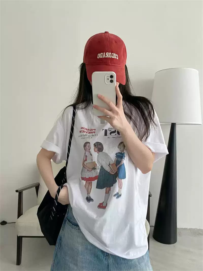 순면 여름 드레스 루즈핏 프린트 반팔 티셔츠 여성 한 상세 이미지 1