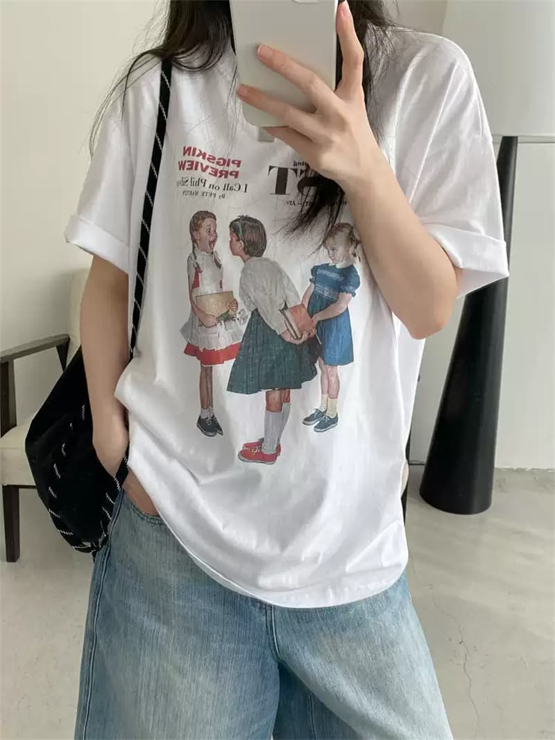 순면 여름 드레스 루즈핏 프린트 반팔 티셔츠 여성 한 상세 이미지 3