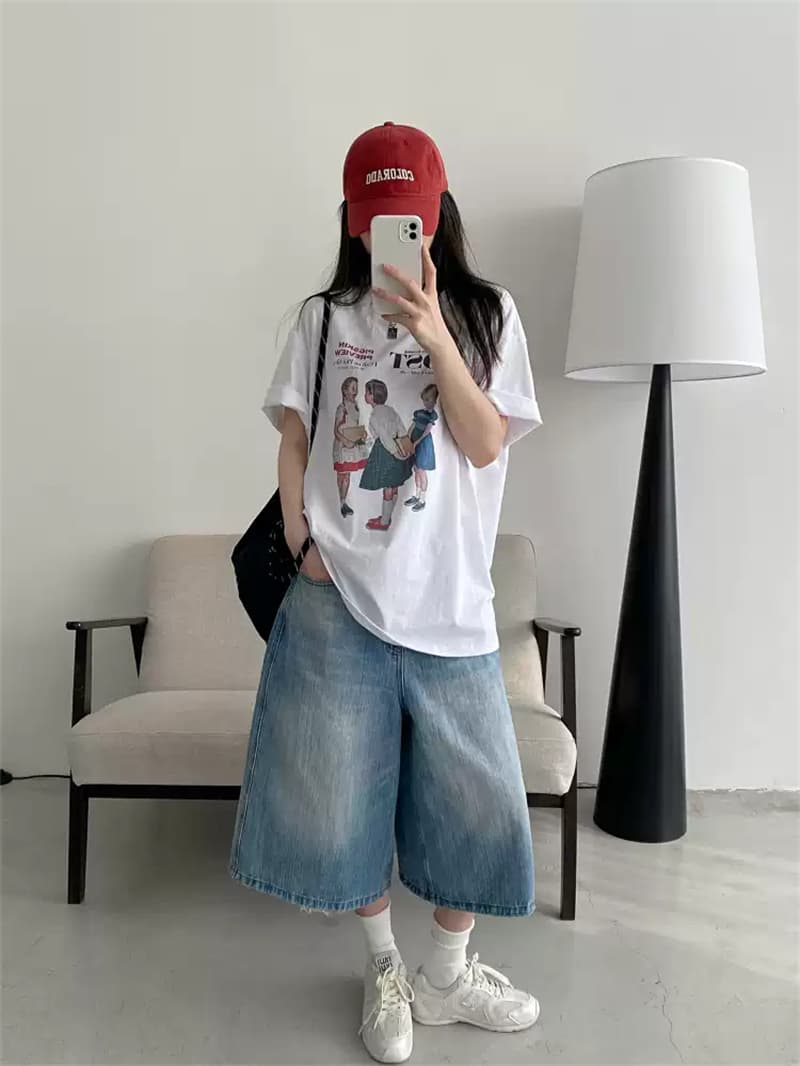 순면 여름 드레스 루즈핏 프린트 반팔 티셔츠 여성 한 상세 이미지 4