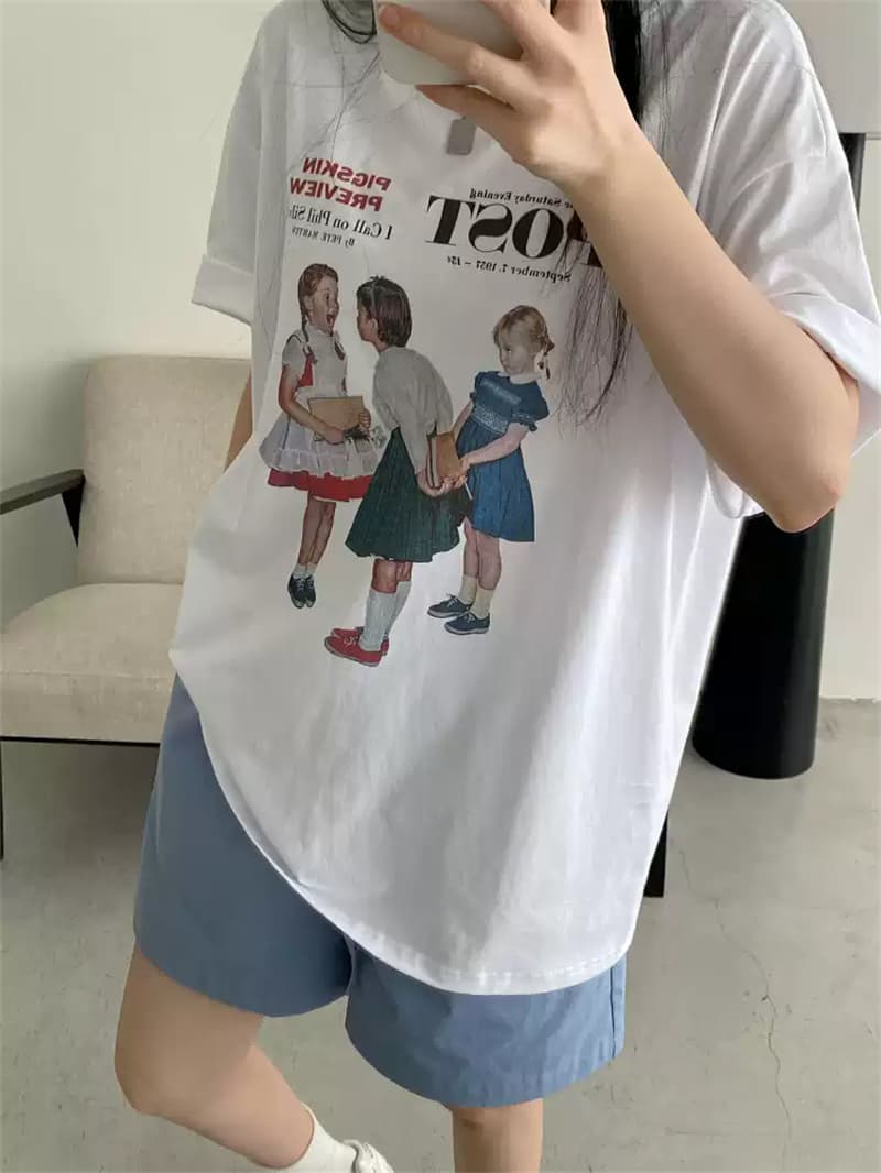 순면 여름 드레스 루즈핏 프린트 반팔 티셔츠 여성 한 상세 이미지 5