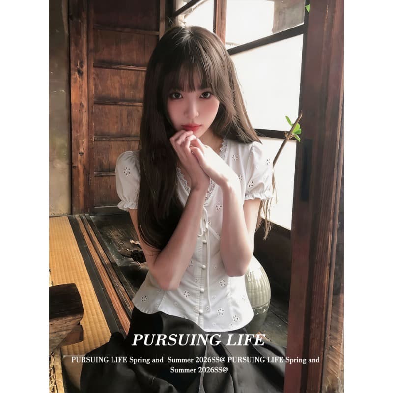 원본 원단 있음 네리 한 부서 V넥 레이스 반팔 여성 셔츠 여름 거품 소매 맨위 이미지 4
