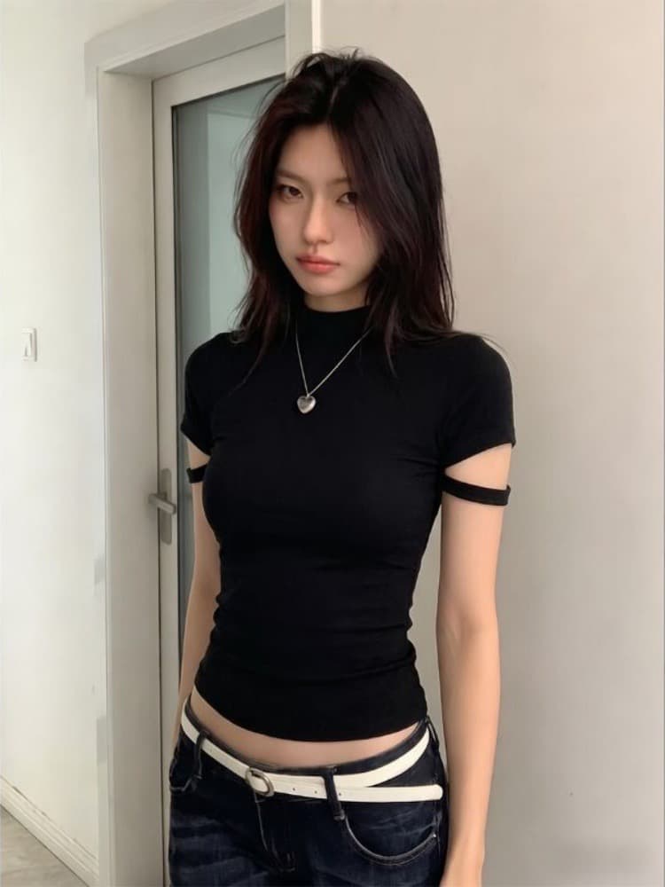 사람들 면 모달 1 1 와 사고 방식 260 그램 순수한 욕망 프랑스식 검정색 반하이넥 반팔 t 상세 이미지 3