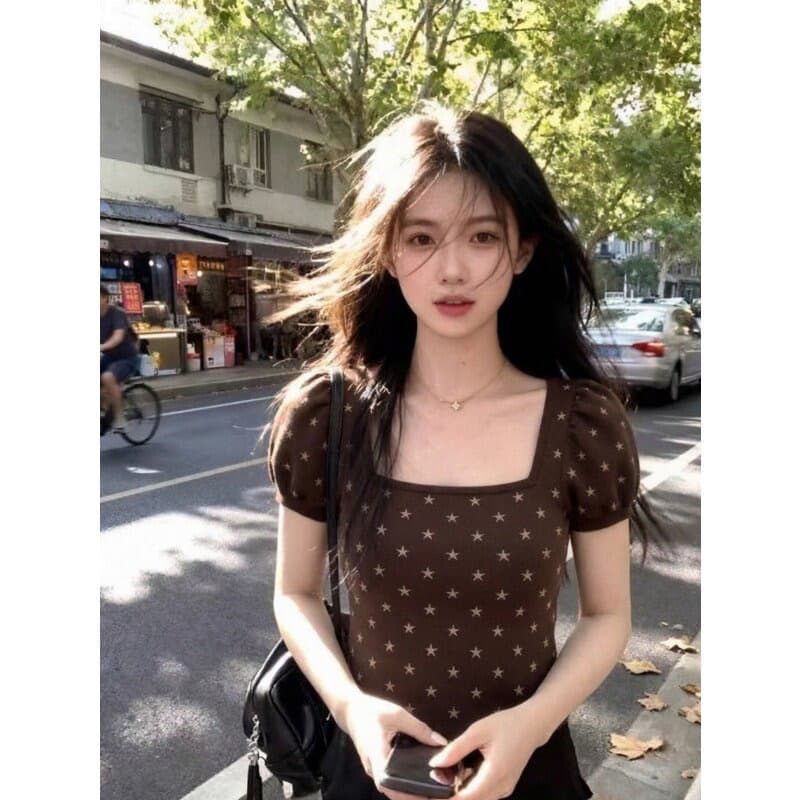 1 1 라이 우아한 리브 브라운 거품 소매 프린트 반팔 티셔츠 여성 디자인 센스 26 연령 감소 맨위 이미지 5