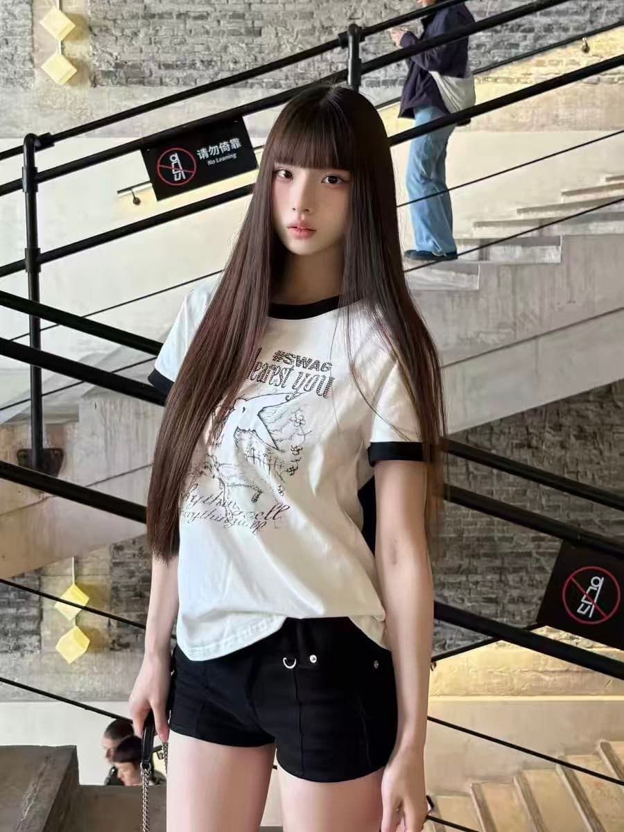 순면 220 그램 빗질하다 닫기 2026 반팔 티셔츠 여름 만화 루즈핏 배색 맨위 상세 이미지 1