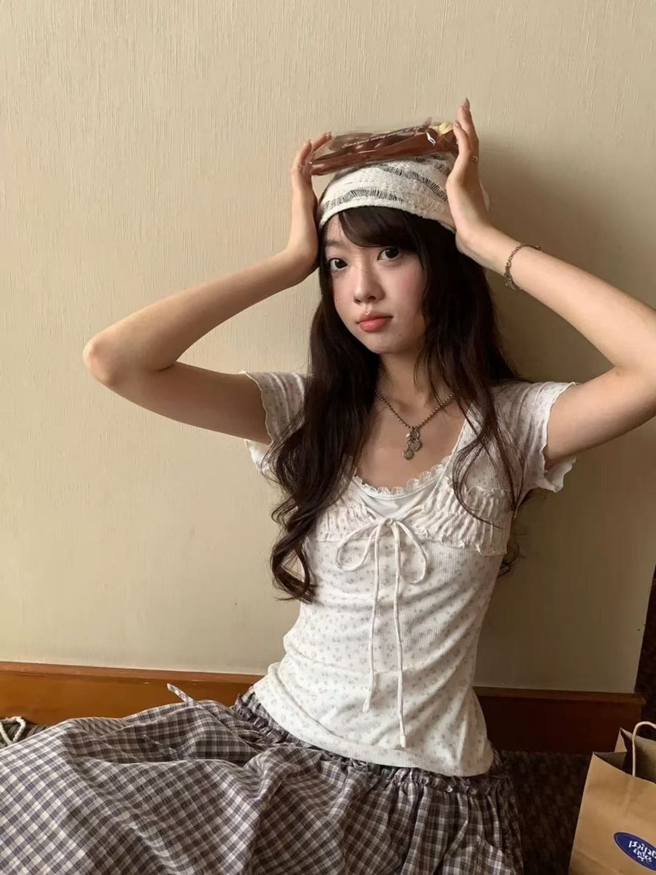 260 그램 사람들 면 모달 꽃무늬 페이크 레이어드 반팔 티셔츠 여성 몸매 가꾸기 맨위 상세 이미지 4