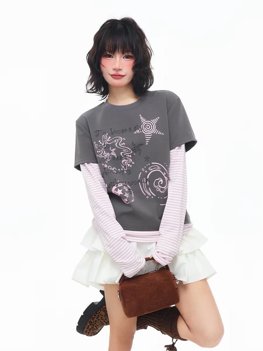 40 순면 프린트 전체 조각 다림질 페이크 레이어드 긴팔 이미지 2