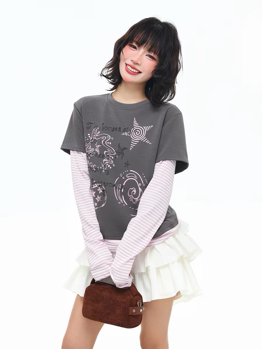40 순면 프린트 전체 조각 다림질 페이크 레이어드 긴팔 이미지 4