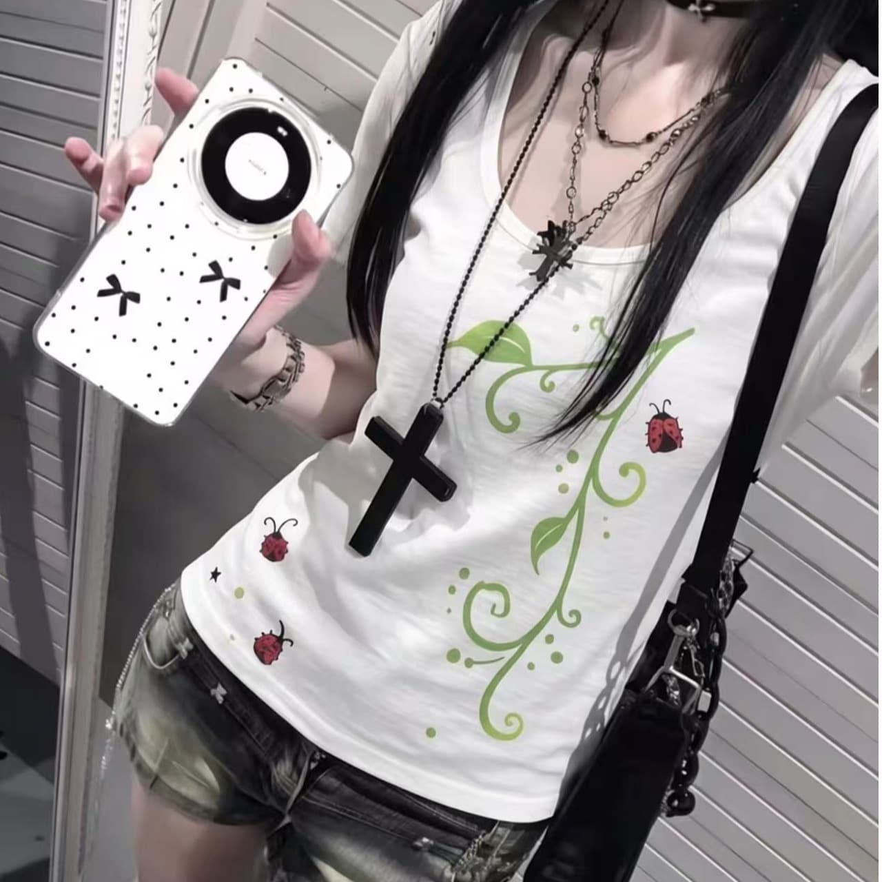 원본 종류 대나무 마디 면 아시아 인 멩 센스 핫걸 포도 나무 프린트 반팔 티셔츠 이미지 2