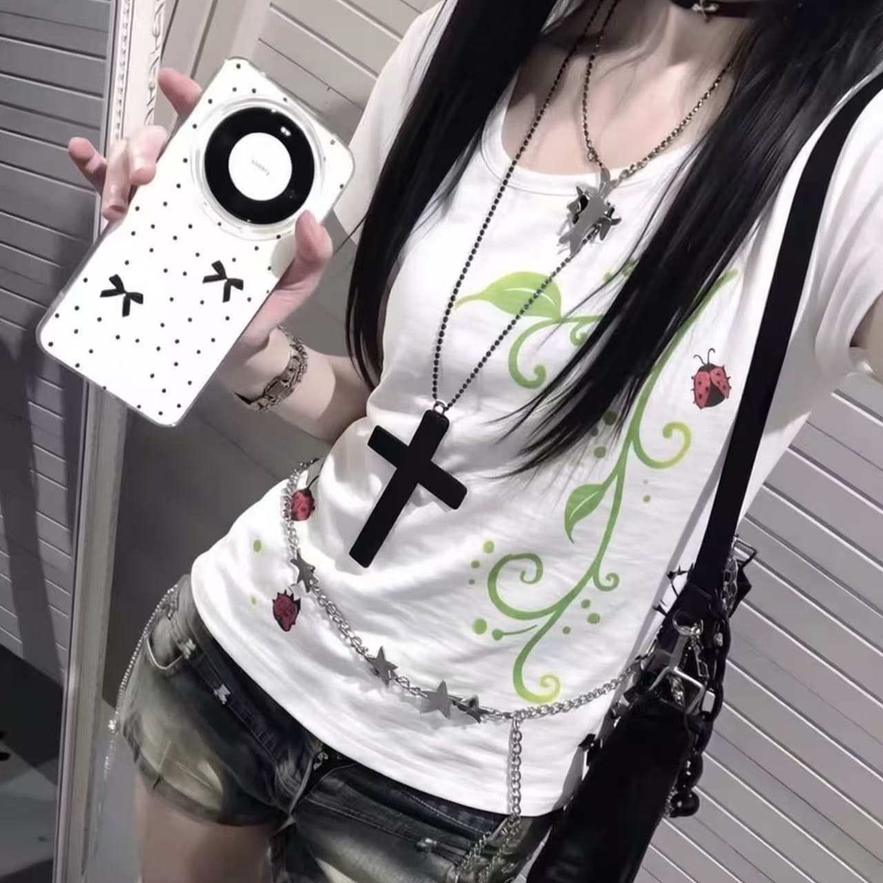 원본 종류 대나무 마디 면 아시아 인 멩 센스 핫걸 포도 나무 프린트 반팔 티셔츠 상세 이미지 3