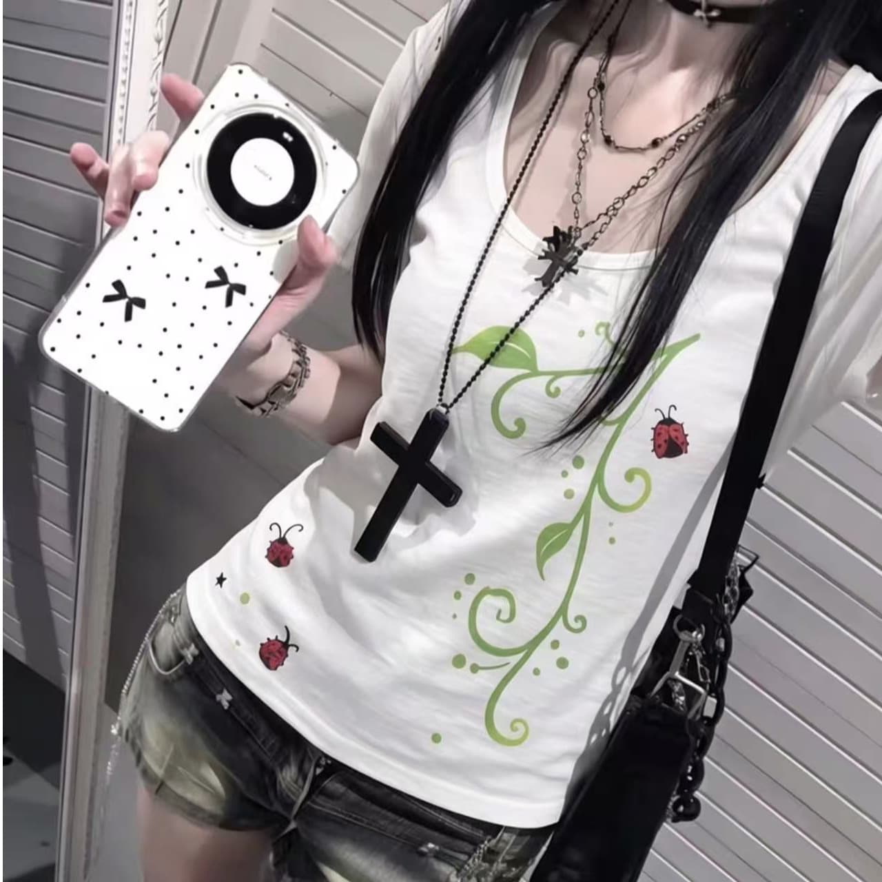 원본 종류 대나무 마디 면 아시아 인 멩 센스 핫걸 포도 나무 프린트 반팔 티셔츠 상세 이미지 4