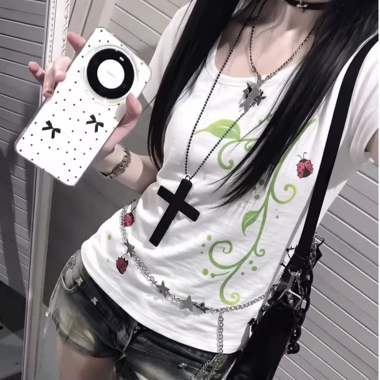 원본 종류 대나무 마디 면 아시아 인 멩 센스 핫걸 포도 나무 프린트 반팔 티셔츠 상세 이미지 5