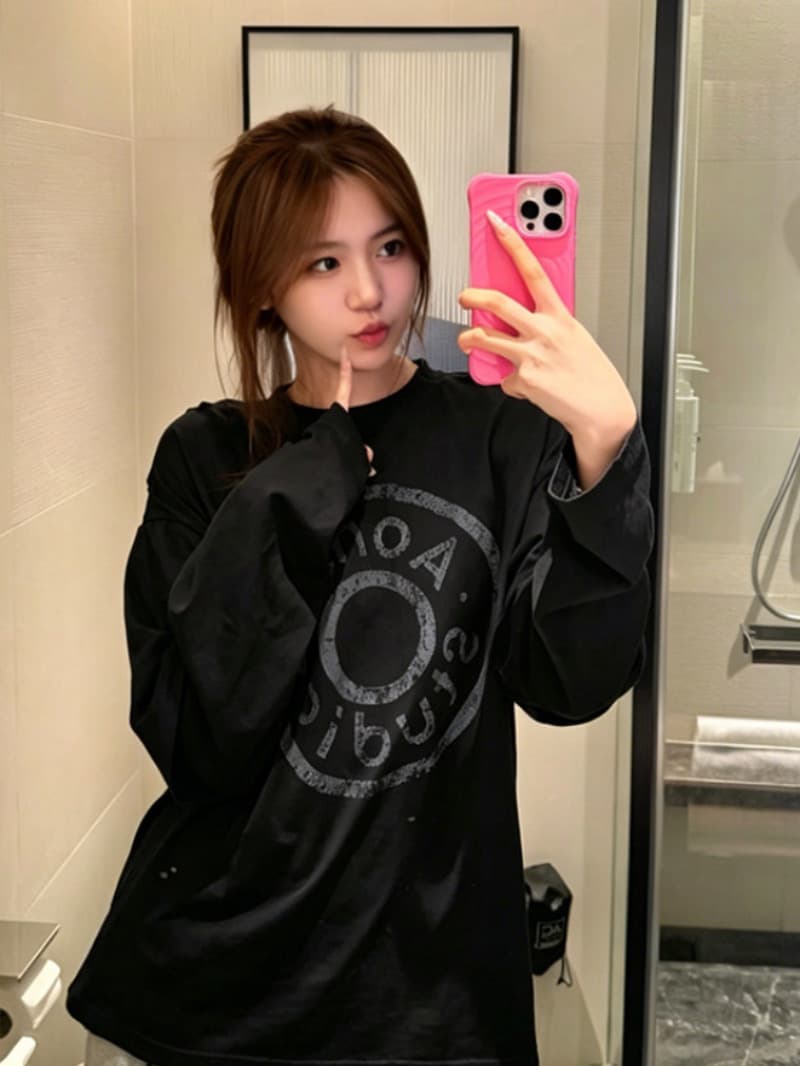 순면 210 그램 빗질하다 정밀 프린트 가을 루즈핏 긴팔 티셔츠 여성 이미지 3