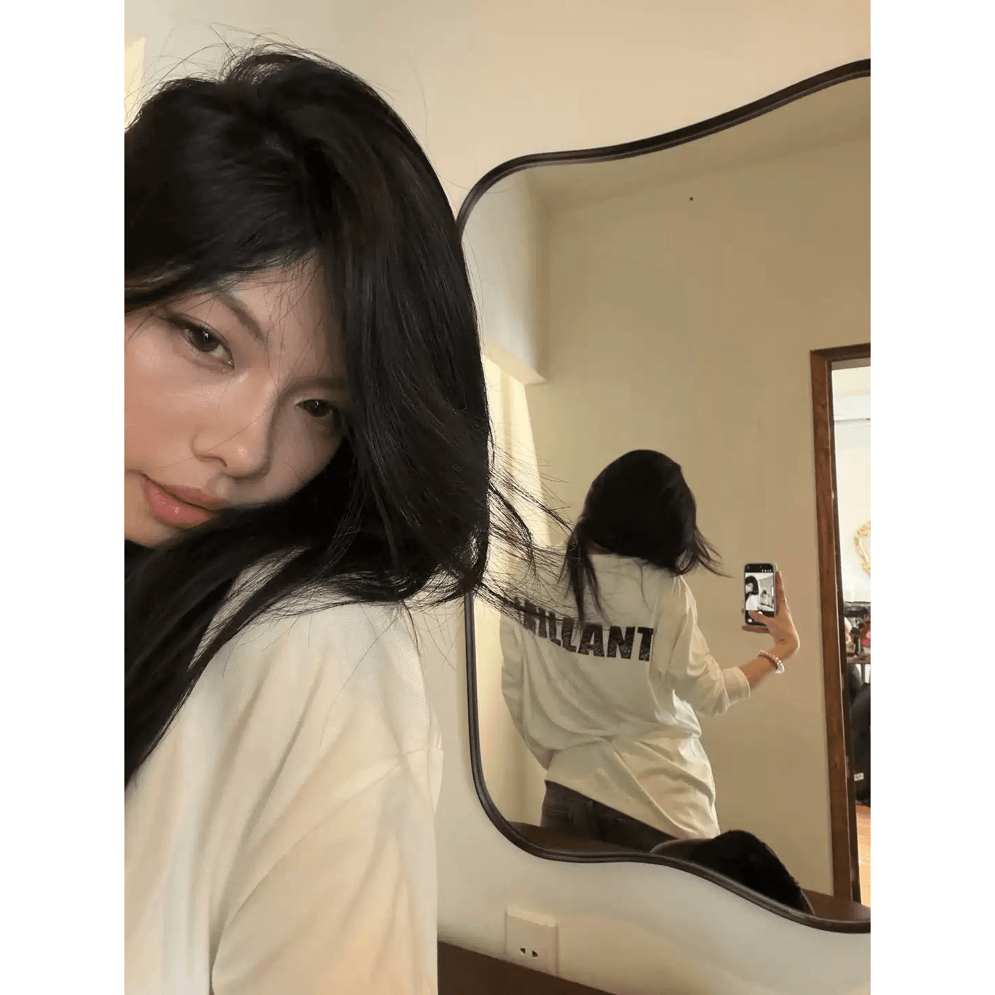 순면 210 그램 빗질하다 정밀 프린트 가을 루즈핏 긴팔 티셔츠 여성 이미지 5
