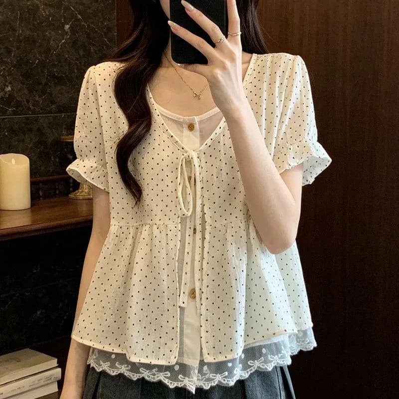 페이크 레이어드 원본 것 높은 품질 쉬폰 구름 면 도트 무늬 페이크 레이어드 레이스 레이스 레이스업 맨위 상세 이미지 1