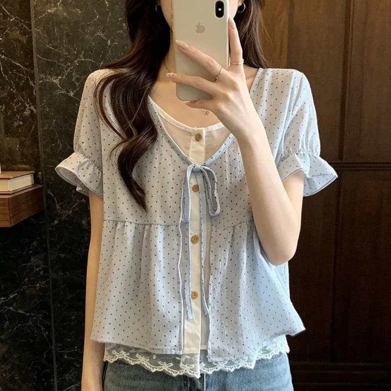 페이크 레이어드 원본 것 높은 품질 쉬폰 구름 면 도트 무늬 페이크 레이어드 레이스 레이스 레이스업 맨위 상세 이미지 3
