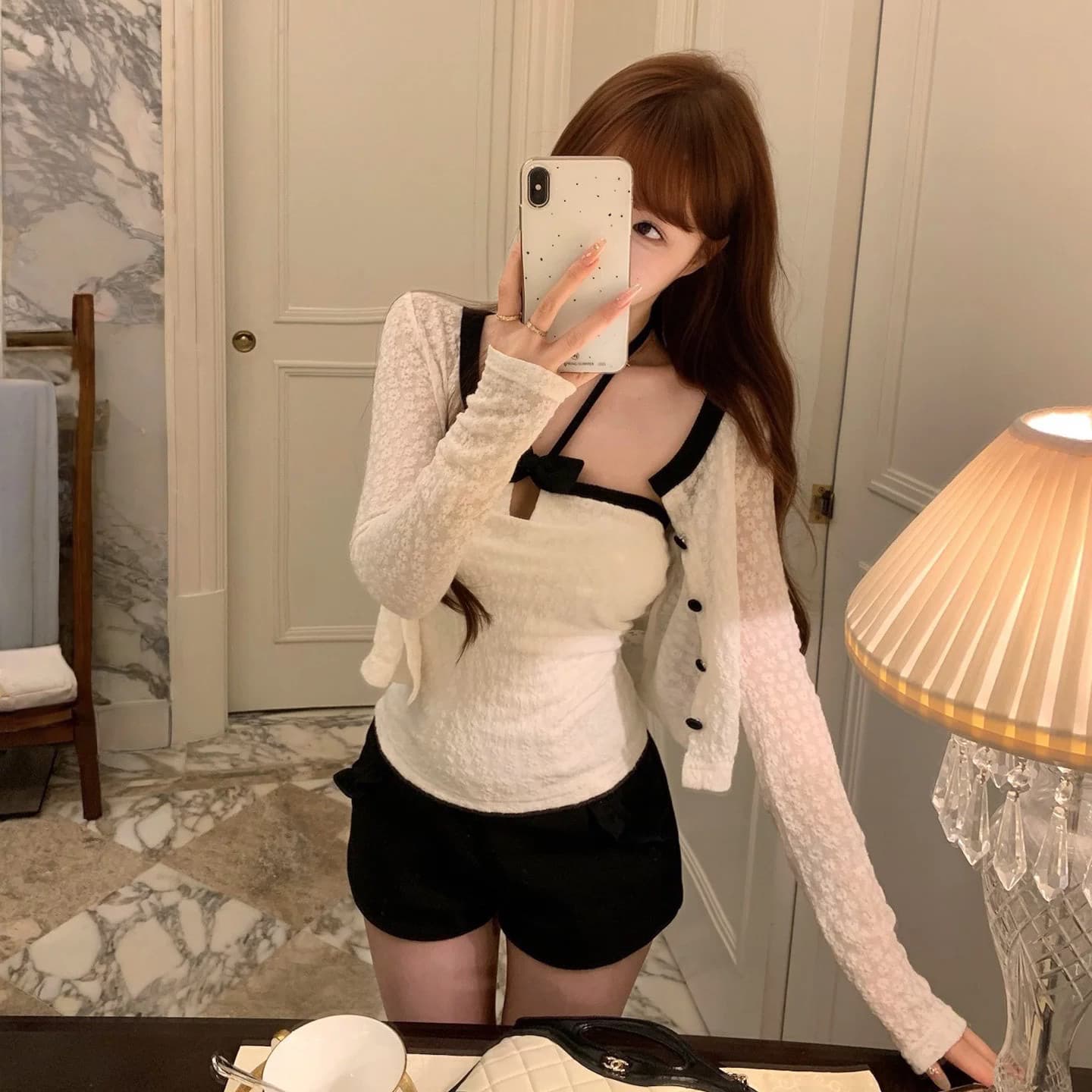 원본 원단 순수한 욕망 바람 자카드 오픈 가디건 긴팔 여성 코트 가을 작은 샤넬 스타일 행침 목 캐미솔 투피스 세트 상세 이미지 1
