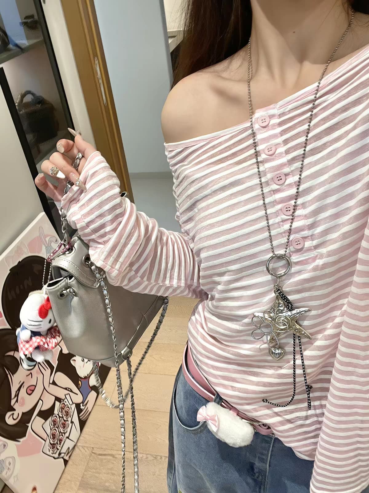 원본 눈꽃 면 가로 줄무늬 원단 160 그램 스트라이프 긴팔 티셔츠 블라우스 오프숄더 맨위 상세 이미지 4