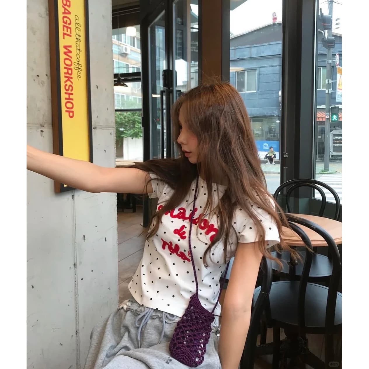 220 그램 40 1 1 순면 한 부서 새로운 패션 디자인 센스 라운드 넥 도트 무늬 프린트 반팔 상세 이미지 1