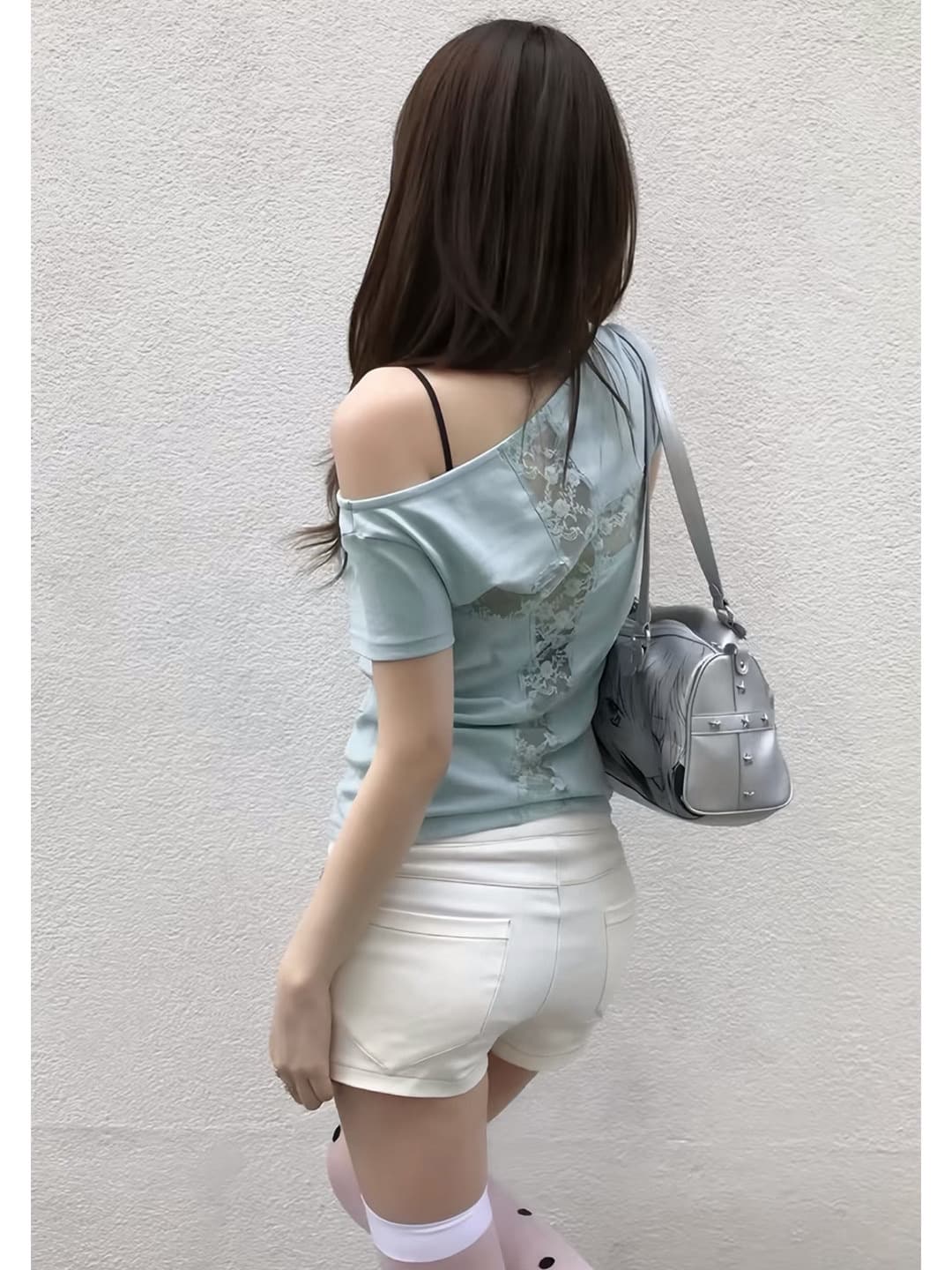 40 순면 210 그램 하늘색 비스듬한 어깨 반팔 여자 여름 한 부서 레이스 홀로우 아웃 오프숄더 맨위