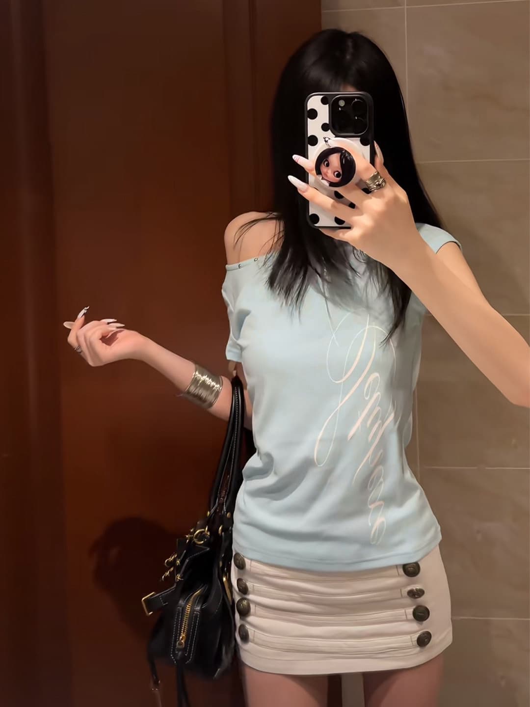 40 순면 210 그램 하늘색 비스듬한 어깨 반팔 여자 여름 한 부서 레이스 홀로우 아웃 오프숄더 맨위 이미지 2