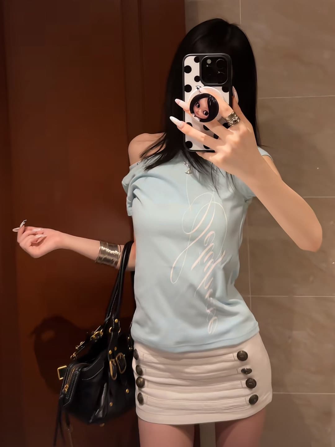 40 순면 210 그램 하늘색 비스듬한 어깨 반팔 여자 여름 한 부서 레이스 홀로우 아웃 오프숄더 맨위 상세 이미지 3