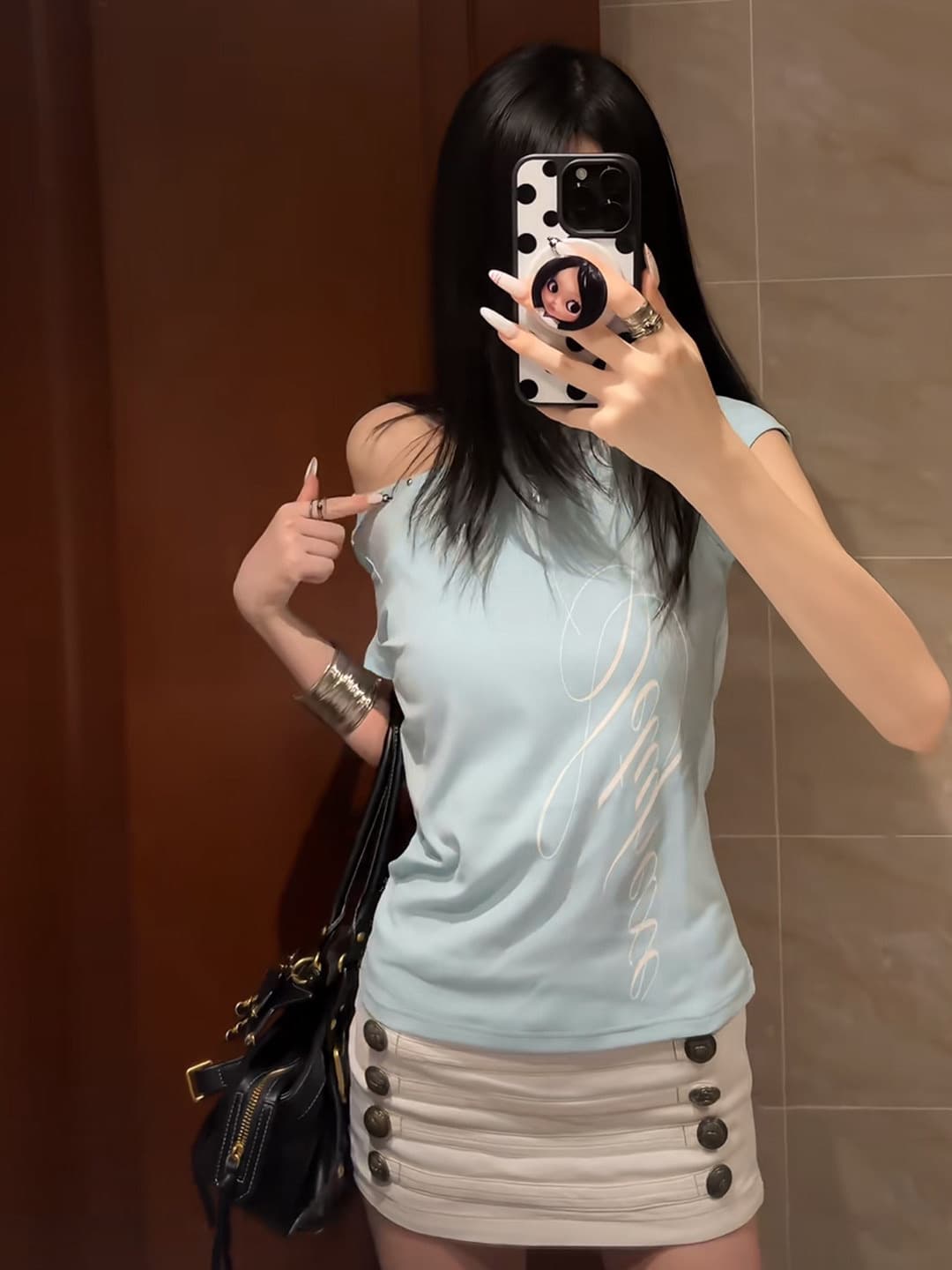 40 순면 210 그램 하늘색 비스듬한 어깨 반팔 여자 여름 한 부서 레이스 홀로우 아웃 오프숄더 맨위 상세 이미지 4