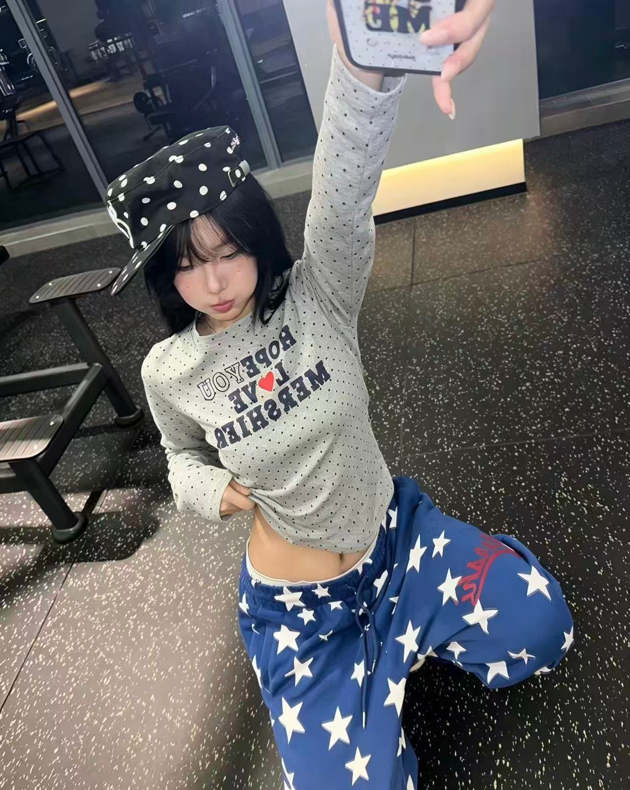 220 그램 40 빗질하다 92 면 이후 패키지 칼라 프린트 도트 무늬 긴팔 티셔츠 여성 몸매 가꾸기 맨위 상세 이미지 1