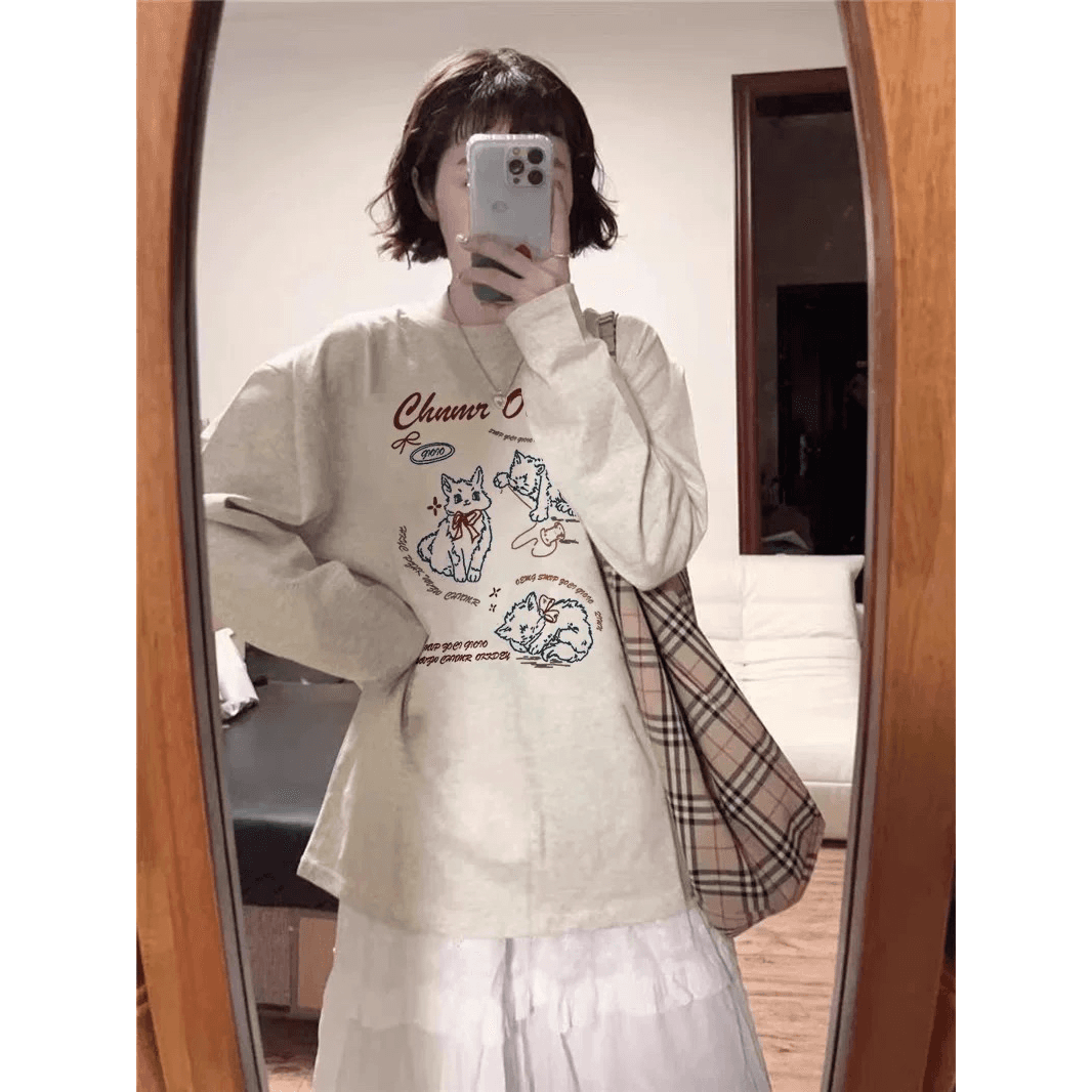 210 그램 21 이후 패키지 칼라 프린트 가을 의상 긴팔 티셔츠 여성 루즈핏 순면 라운드 넥 맨위 이미지 5