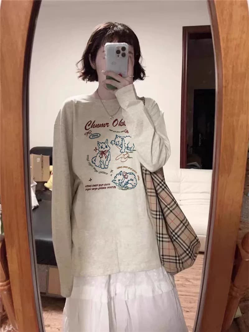 210 그램 21 이후 패키지 칼라 프린트 가을 의상 긴팔 티셔츠 여성 루즈핏 순면 라운드 넥 맨위 상세 이미지 3