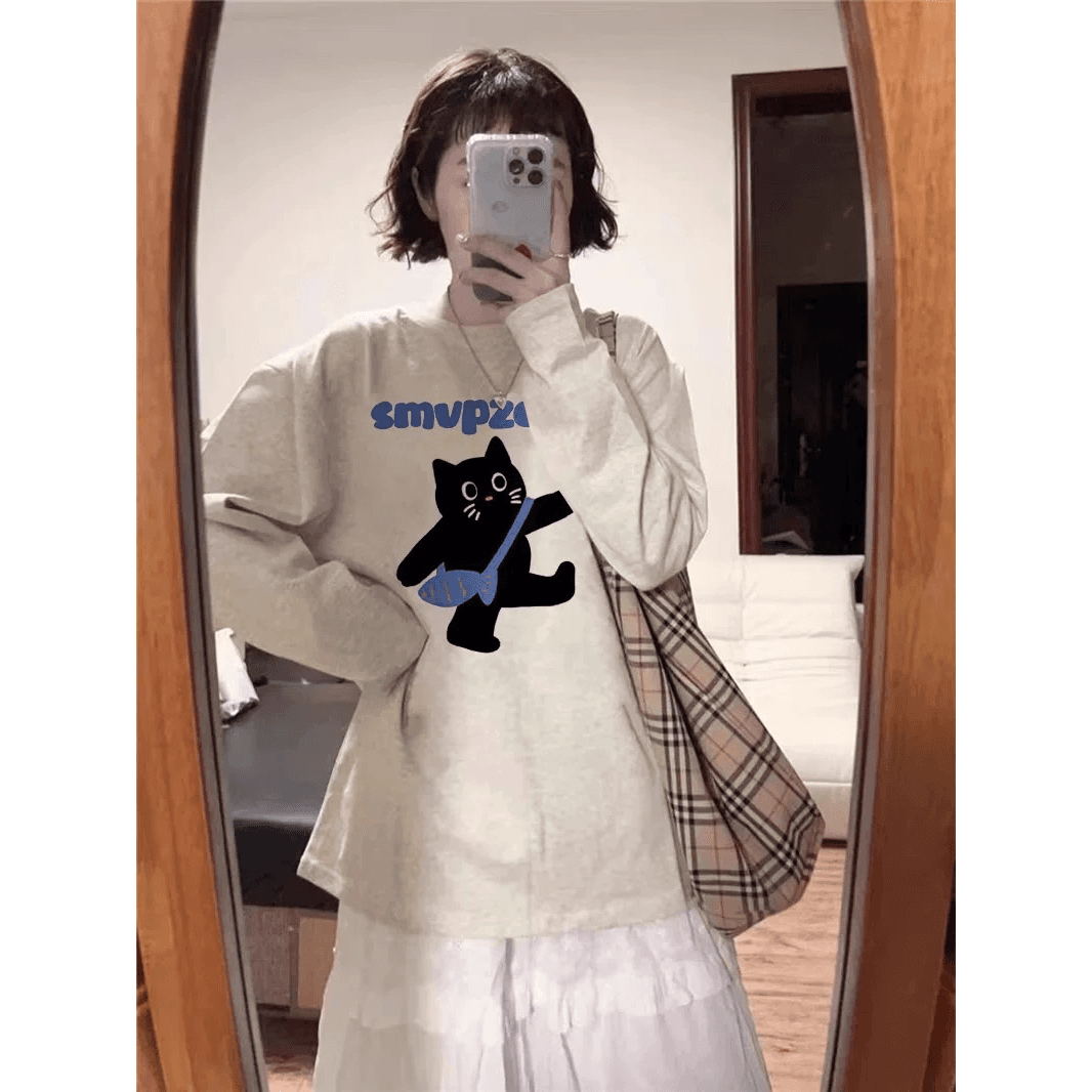 210 그램 21 이후 패키지 칼라 프린트 가을 의상 긴팔 티셔츠 여성 루즈핏 순면 라운드 넥 맨위 이미지 5
