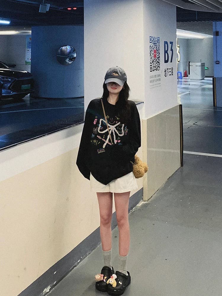 210 그램 21 이후 패키지 칼라 프린트 가을 의상 긴팔 티셔츠 여성 루즈핏 순면 라운드 넥 맨위 이미지 3