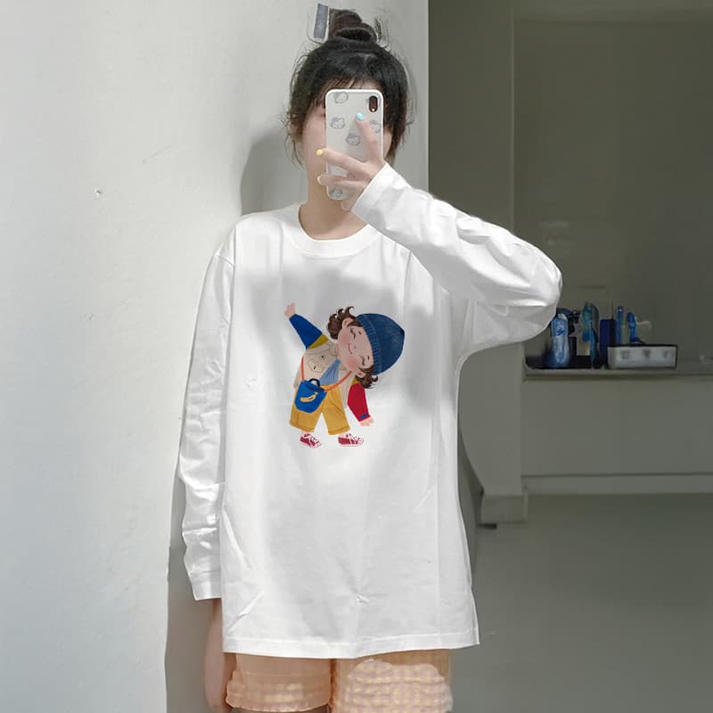 210 그램 21 이후 패키지 칼라 프린트 가을 의상 긴팔 티셔츠 여성 루즈핏 순면 라운드 넥 맨위 이미지 3