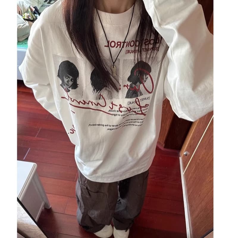 210 그램 21 이후 패키지 칼라 프린트 가을 의상 긴팔 티셔츠 여성 루즈핏 순면 라운드 넥 맨위