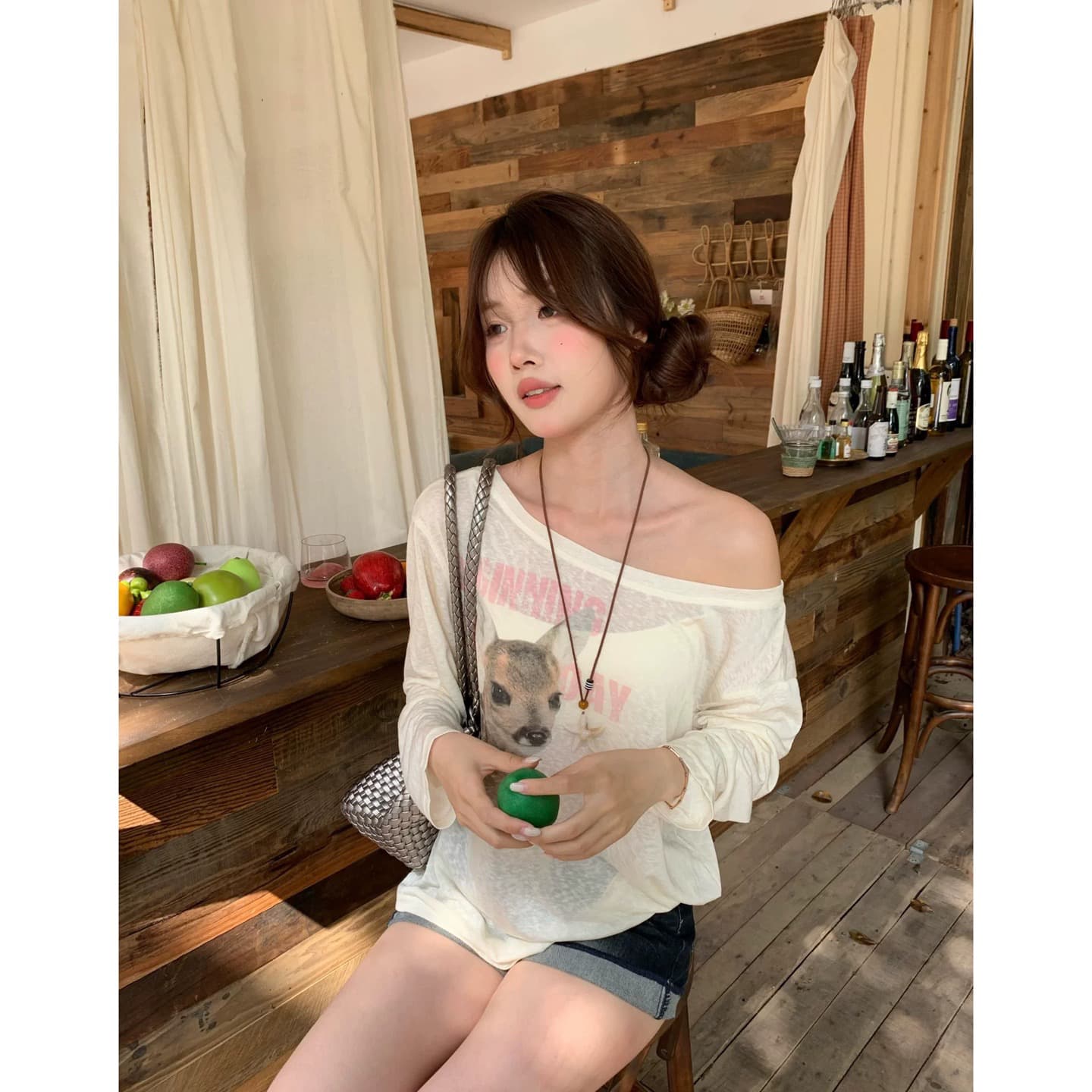 원본 것 하트 비트 작은 사슴 한 부서 프린트 비스듬한 어깨 자외선 차단 블라우스 이미지 4