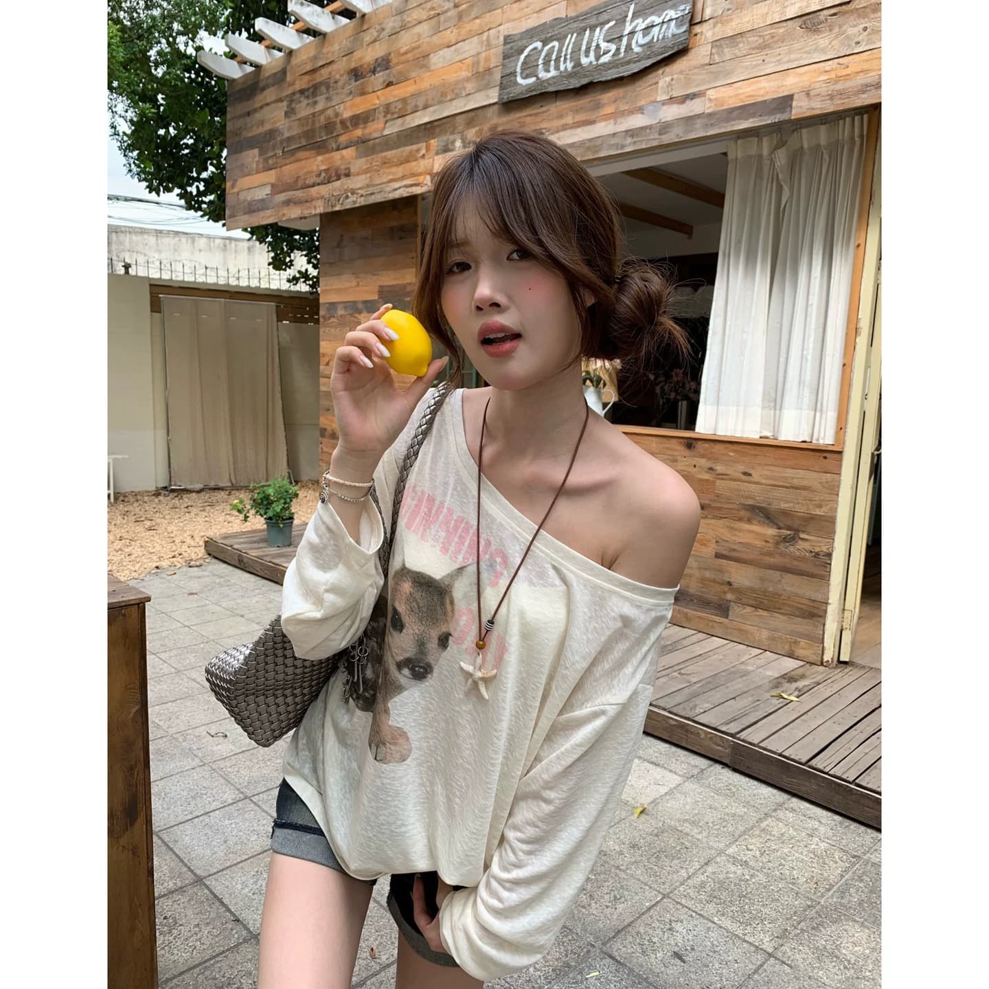 원본 것 하트 비트 작은 사슴 한 부서 프린트 비스듬한 어깨 자외선 차단 블라우스 상세 이미지 2