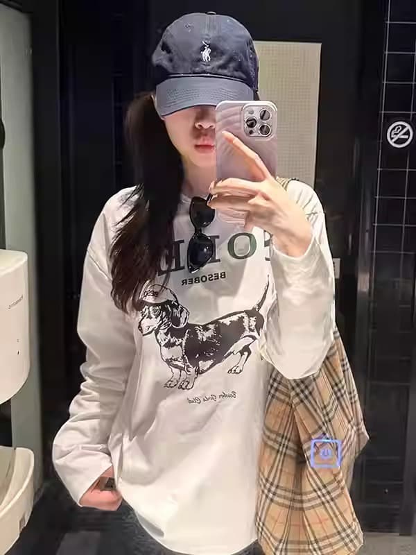 한 부서 순면 라운드 넥 가을 의상 긴팔 티셔츠 여성 루즈핏 맨위